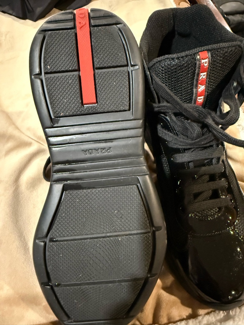 Authentic Prada Black Patent Leather High-Top Sneakers with Red Logo Tab - Picture 4 of 6